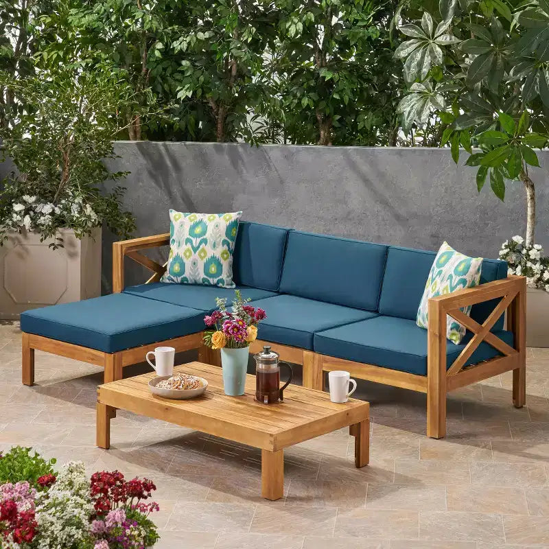 GDFStudio Allaire Acacia Wood 3 Seater Sectional Sofa Set with Ottoman