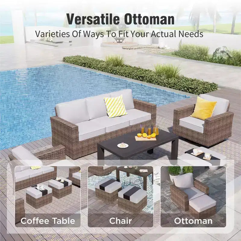 Captiva Designs 5pc Wicker Outdoor Patio Conversation Set with Ottoman for Backyard Deck Poolside