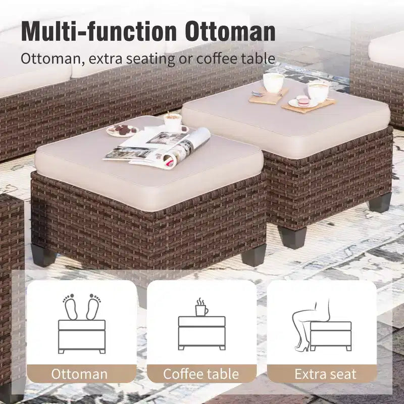 Captiva Designs 8pc Outdoor Patio Wicker Rattan Cushioned Sofa Fire Pit Set with Ottomans and Single Sofas