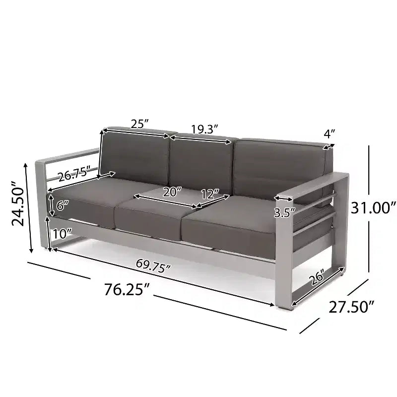 GDFStudio Crested Bay Outdoor Aluminum 7 Seater Chat Set with Cushions, Silver/Khaki