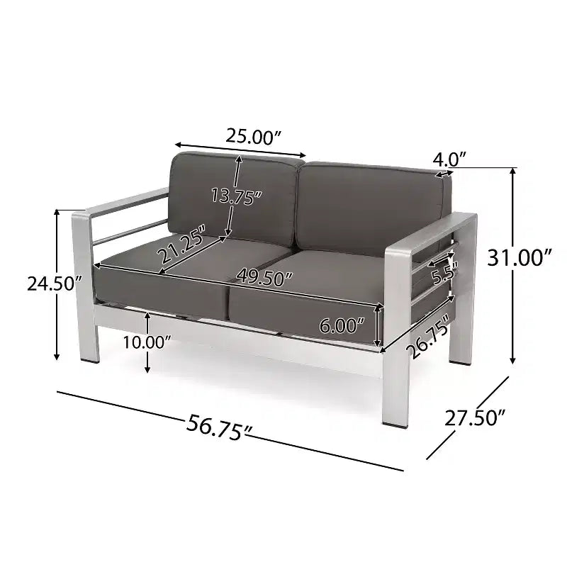 GDFStudio Crested Bay Outdoor Aluminum 7 Seater Chat Set with Cushions, Silver/Khaki