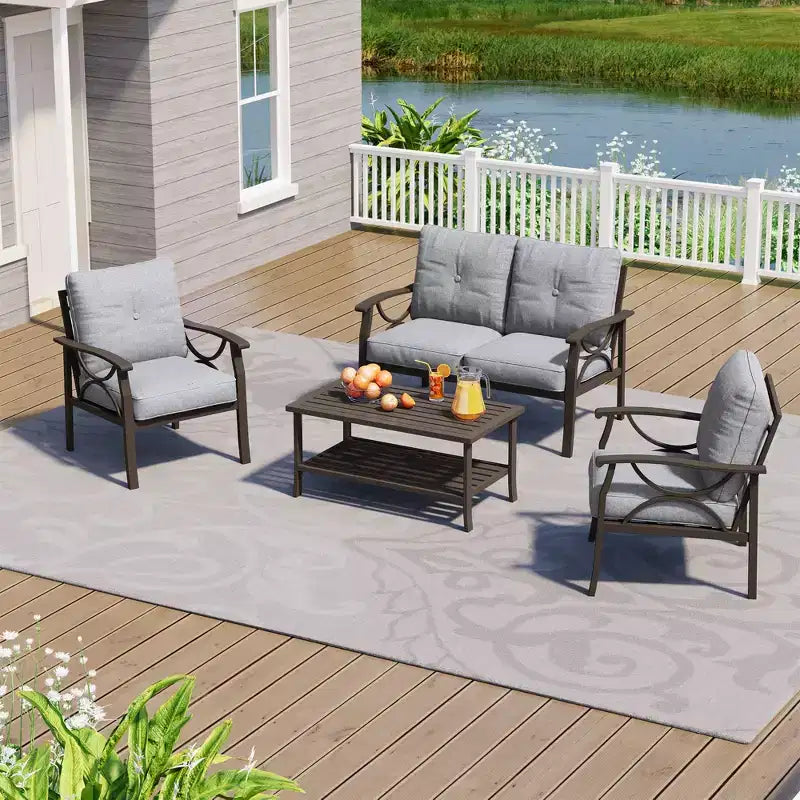 Heynemo Outdoor Patio Furniture Set, 4 Piece Patio Conversation Set with Coffee Table, Metal Furniture Set for Porch Backyard Garden, Coffee