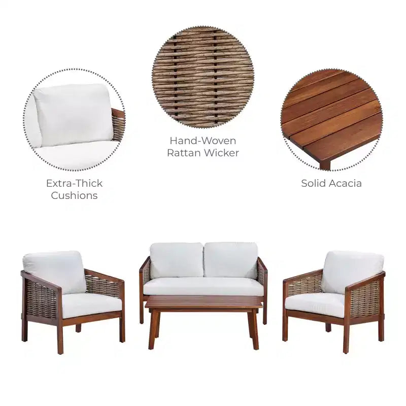4-Piece Acacia Wood Outdoor Conversation Set in Brown - Teamson Home: Seats with Cushions & Matching Coffee Table