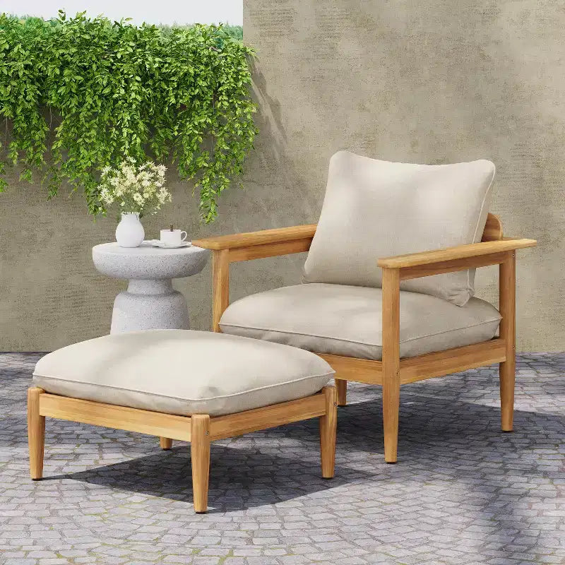 Christopher Knight Home Kate Patio Acacia Wood Club Chair and Ottoman Set with Water-Resistant Cushions