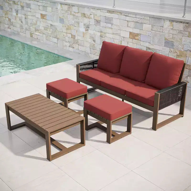 EAGLE PEAK 4 Pieces Natural Cedar Wood Conversation Set, Outdoor Patio Furniture with 2 Ottomans and Coffee Table
