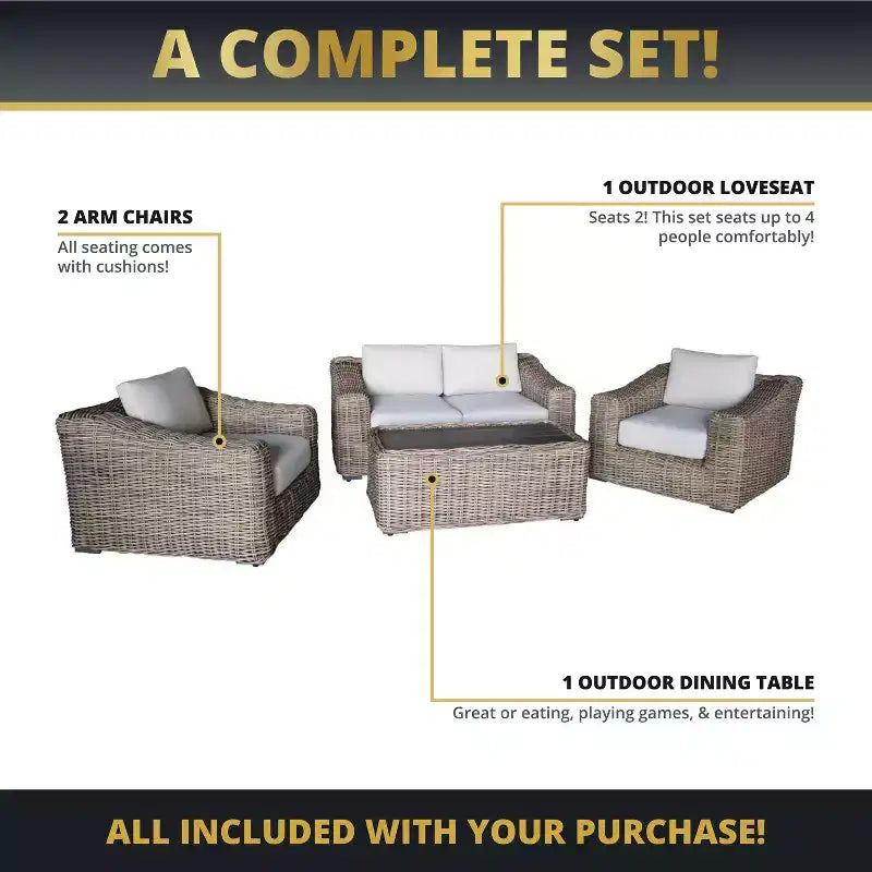 Kinger Home Hawaii 4-Piece Wicker Patio Furniture Set, Outdoor Conversation Patio Set with Deep Seating
