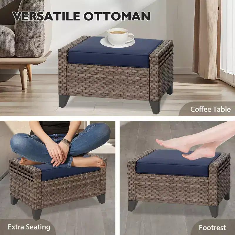 EAGLE PEAK Outdoor Rattan Furniture Set, Wicker Patio Couch, PE Rattan 3-Seat Sofa with Ottoman