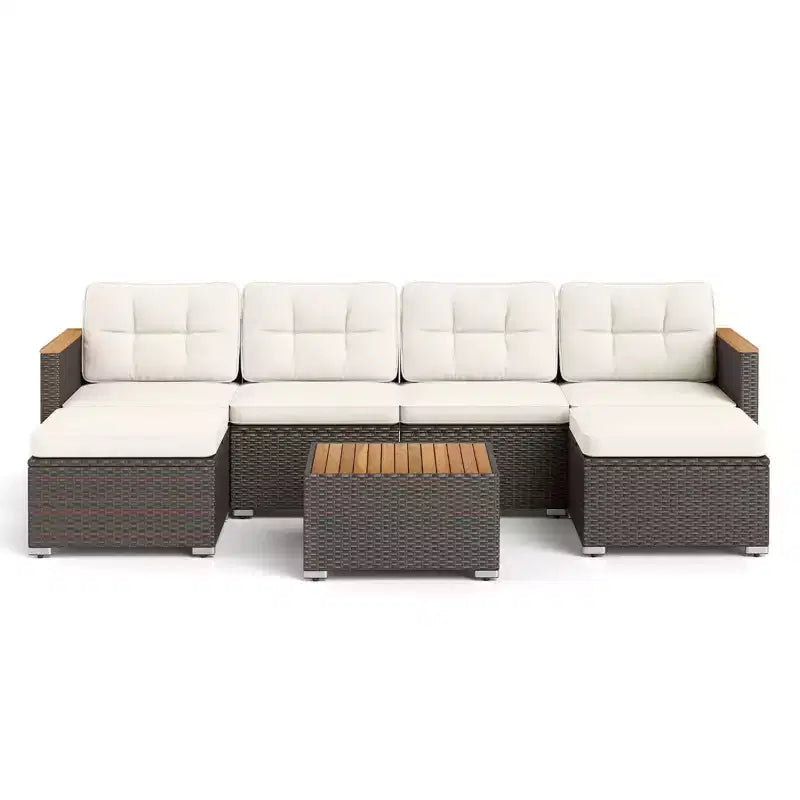 Costway 7 PCS Wicker Conversation Set with Seat & Back Cushions Wood Armrests & Tabletop