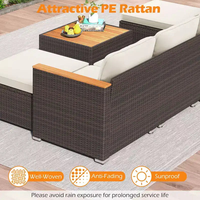 Costway 7 PCS Wicker Conversation Set with Seat & Back Cushions Wood Armrests & Tabletop