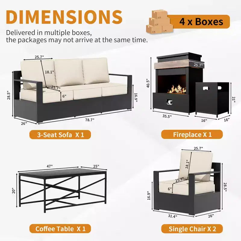 UPTIOT 5-Piece Outdoor Set: 3-Seat Sofa, 2 Chairs, Fire Table & Coffee Table with Waterproof Olefin Fabric for Patio/Backyard