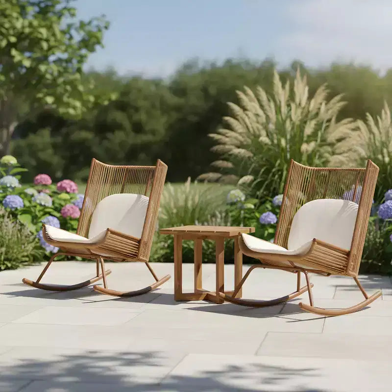 Christopher Knight Home Vijay Farmhouse 3 Piece Patio Dining Set with Acacia Wood Table and Iron Rocking Chairs