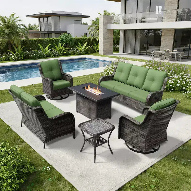 UPTIOT Premium Outdoor Sofa Set with Fire Pit Table & Swivel Chairs