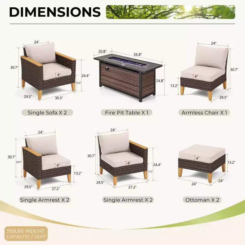 Captiva Designs 10pc Wicker Outdoor Patio Rattan Sectional Conversation Sofa Set with Fire Pit Table and Cushioned Ottoman