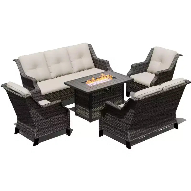 UPTIOT Outdoor Luxury Set with 3-Seater Sofa, Loveseat, Swivel Chairs & Fire Pit for All-Season Comfort