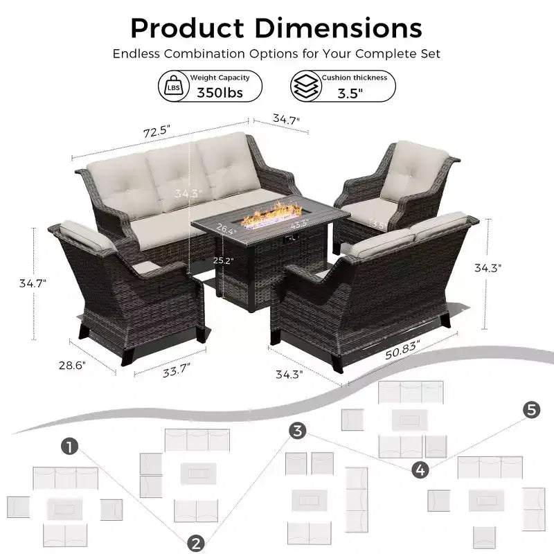 UPTIOT Outdoor Luxury Set with 3-Seater Sofa, Loveseat, Swivel Chairs & Fire Pit for All-Season Comfort