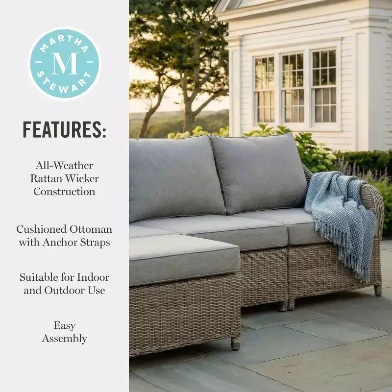 Martha Stewart Lily Pond Indoor-Outdoor Modular 3-Seat Patio Sofa with Ottoman in Weathered Gray Rattan Wicker with Gray All-Weather Cushions