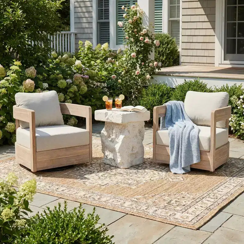 Christopher Knight Home Telluride 3 Piece Modern Patio Acacia Wood 360 Swivel Club Chairs with Lightweight Concrete Side Table