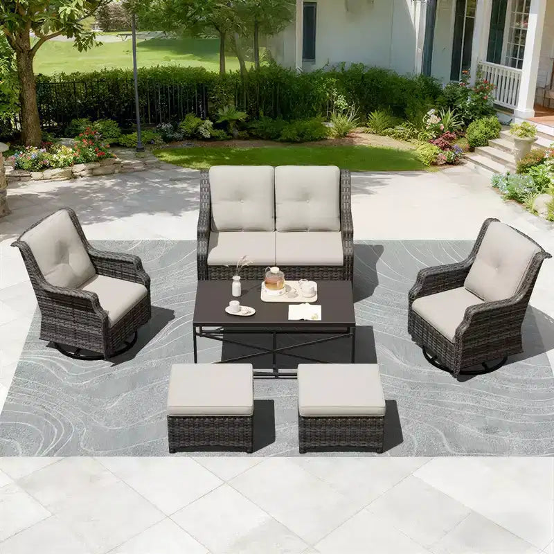 UPTIOT Outdoor Modular Set: 2-Seater Sofa, 2 Rockers, 2 Ottomans & Coffee Table for Versatile Patio