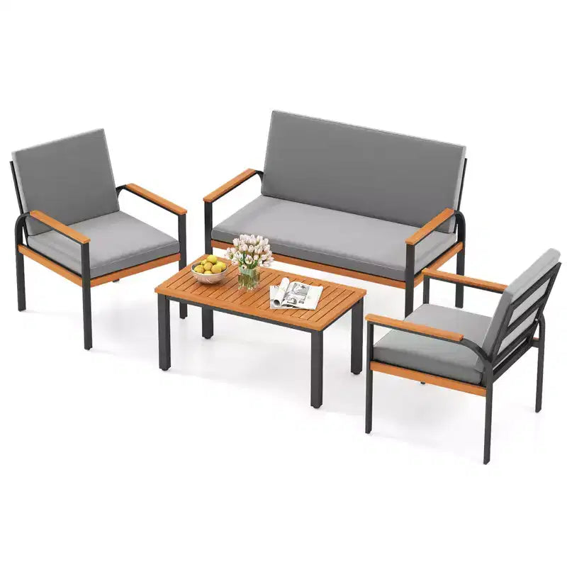 Costway 4 Piece Patio Furniture Set with Coffee Table, Loveseat & 2 Single Chairs for Porch Gray/Black
