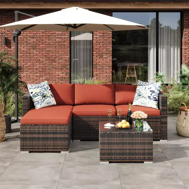 4 Piece Outdoor Patio Furniture Sets,Wicker Rattan Conversation Sets, Bistro Patio Set with 2 Chairs,Soft Cushion,Loveseat and 1 Glass Coffee Table