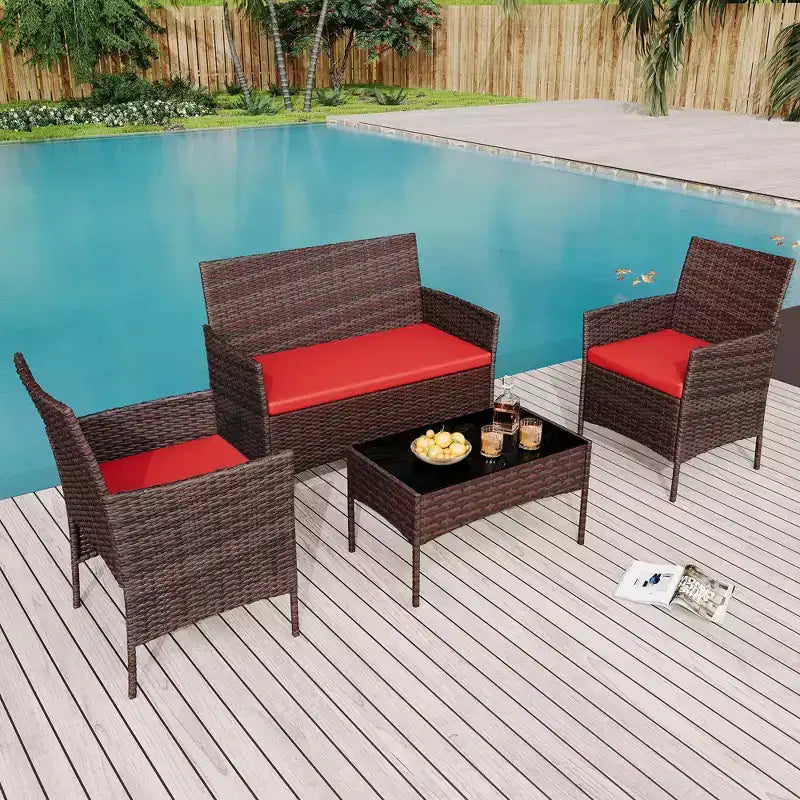 4 Piece Outdoor Patio Furniture Sets,Wicker Rattan Conversation Sets, Bistro Patio Set with 2 Chairs,Soft Cushion,Loveseat and 1 Glass Coffee Table