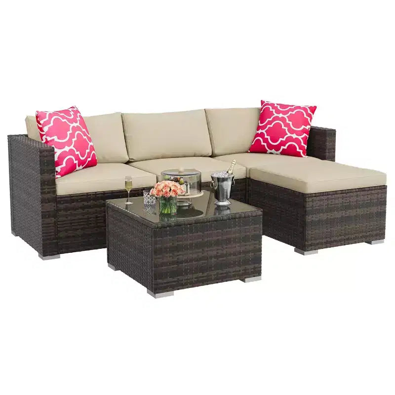 4 Piece Outdoor Patio Furniture Sets,Wicker Rattan Conversation Sets, Bistro Patio Set with 2 Chairs,Soft Cushion,Loveseat and 1 Glass Coffee Table