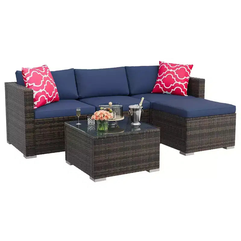 4 Piece Outdoor Patio Furniture Sets,Wicker Rattan Conversation Sets, Bistro Patio Set with 2 Chairs,Soft Cushion,Loveseat and 1 Glass Coffee Table
