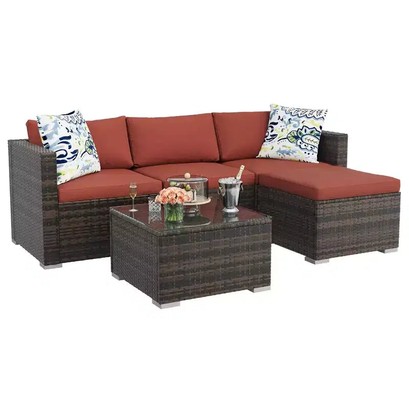 4 Piece Outdoor Patio Furniture Sets,Wicker Rattan Conversation Sets, Bistro Patio Set with 2 Chairs,Soft Cushion,Loveseat and 1 Glass Coffee Table