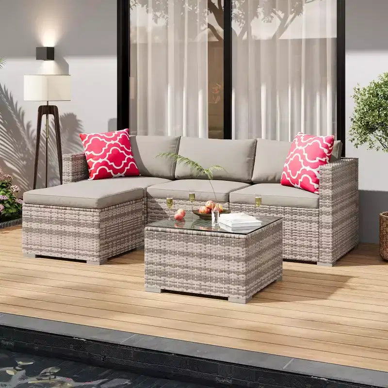 4 Piece Outdoor Patio Furniture Sets,Wicker Rattan Conversation Sets, Bistro Patio Set with 2 Chairs,Soft Cushion,Loveseat and 1 Glass Coffee Table