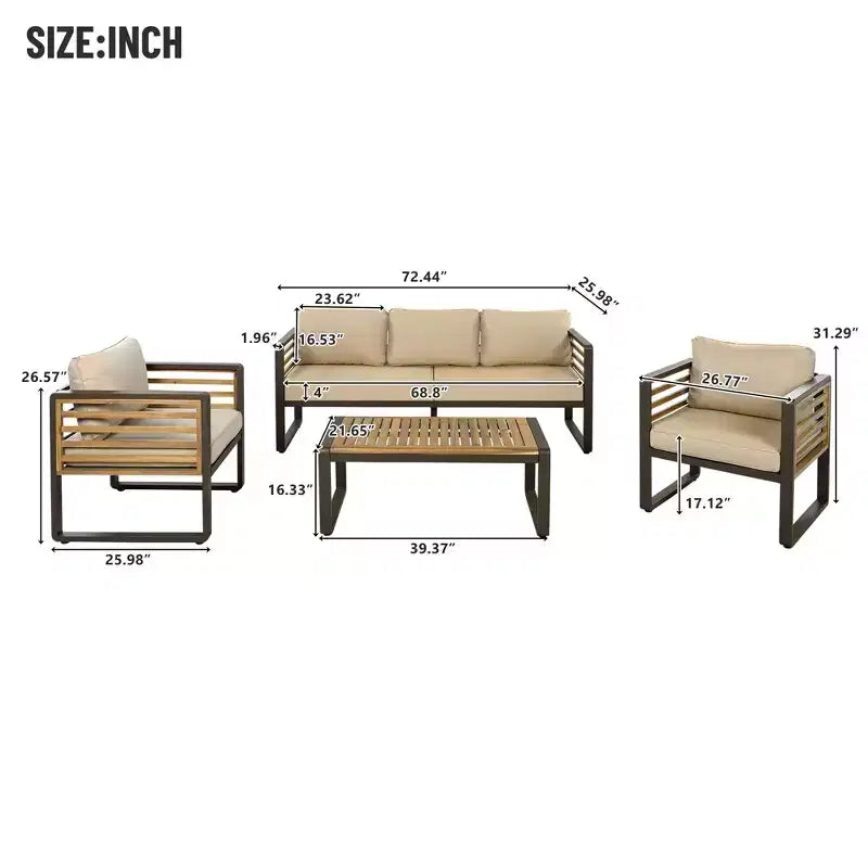 Polibi 4-Piece Outdoor Patio Conversation Set with Removable Cushions
