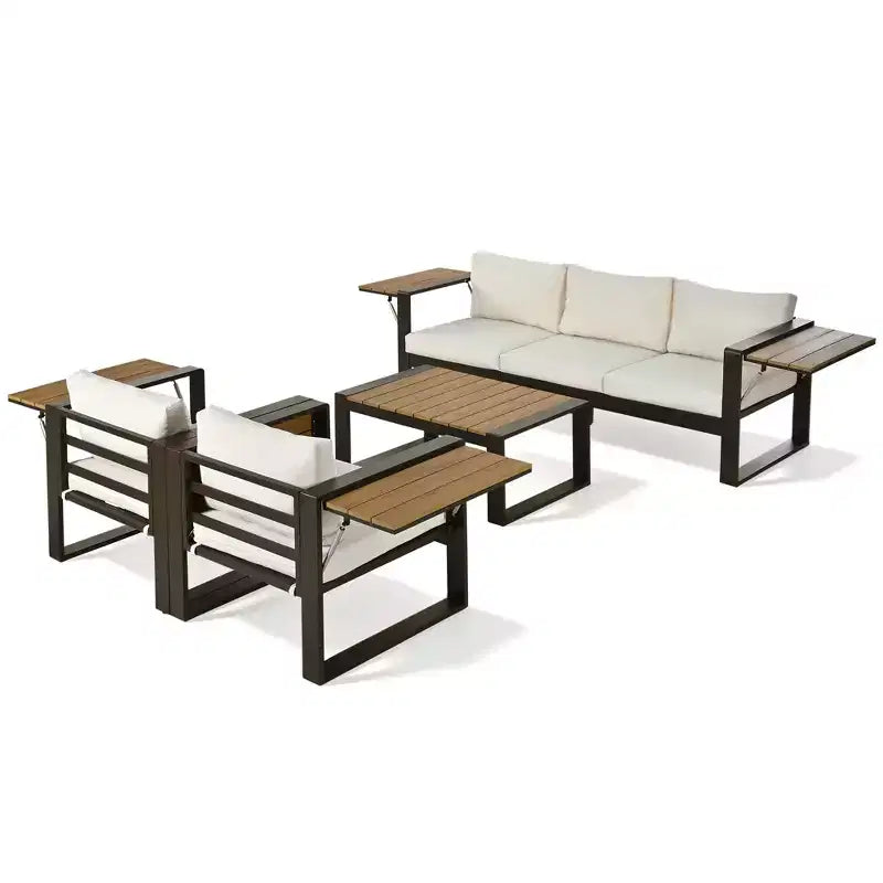 Polibi 4-Piece Outdoor Patio Set with Coffee Table & Fold-Out Side Tables