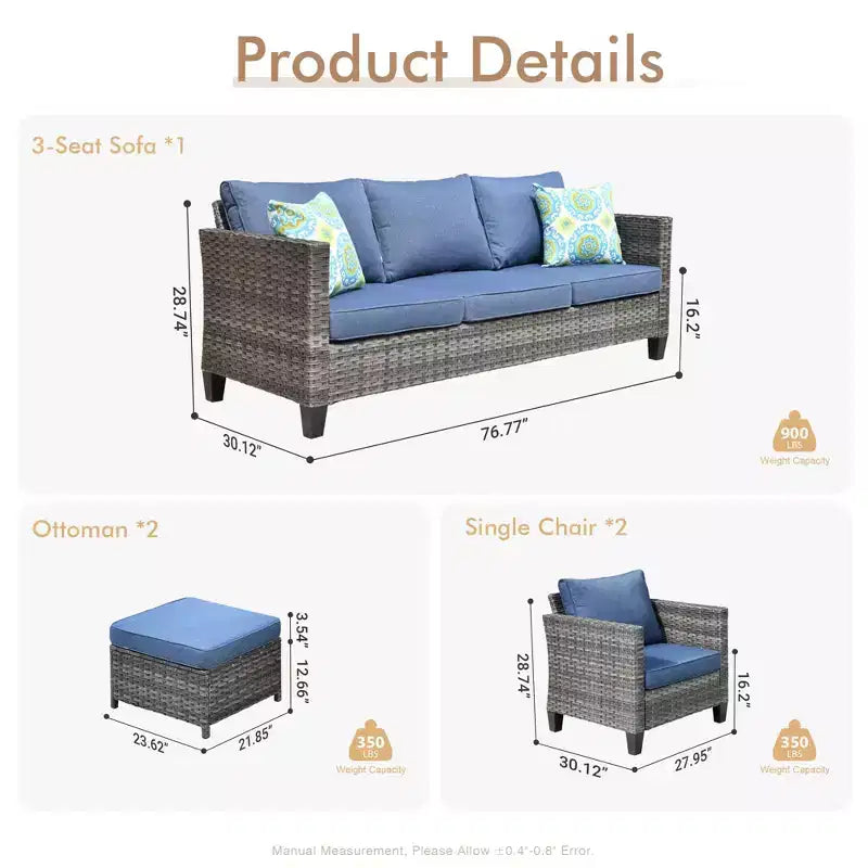 HOMLUX 5-Piece Outdoor Patio Furniture Set: 3-Seater + 2 Chairs + 2 Ottomans
