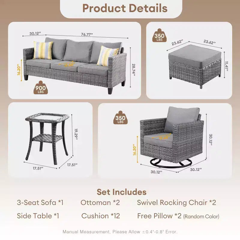 HOMLUX 6-Piece Patio Conversation Set w/ 3-Seater Sofa & Ottomans, Swivel Chairs Set