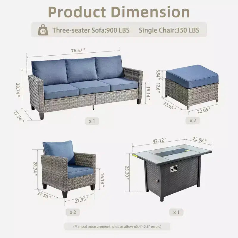 HOMLUX 6-Piece Patio Set w/ 42 Steel Fire Pit, 3-Seater Sofa, Single Chairs & Ottomans