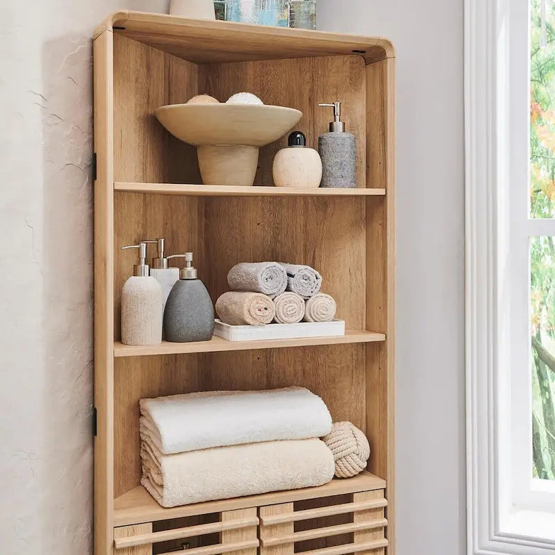 68 Zoll hoher Eckschrank mit Lamellentür, Mid-Century-Stil