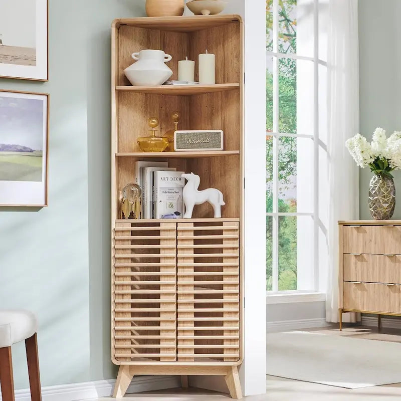 68 Zoll hoher Eckschrank mit Lamellentür, Mid-Century-Stil