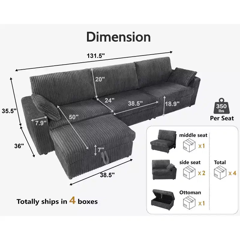 Dyonery Modular Corduroy Sectional Sofa with Washable Covers