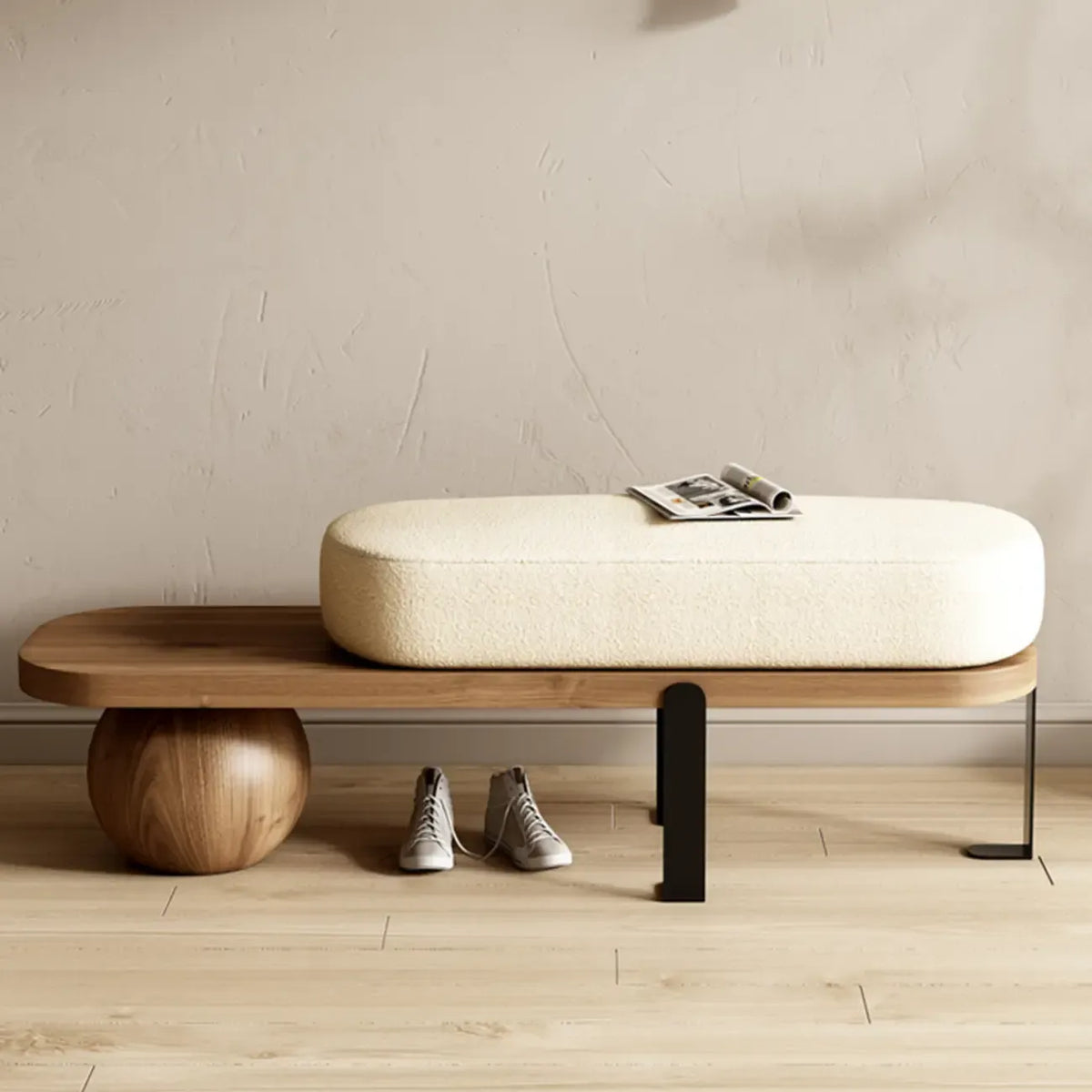 Modern Wooden Beige Upholstered Short Bench