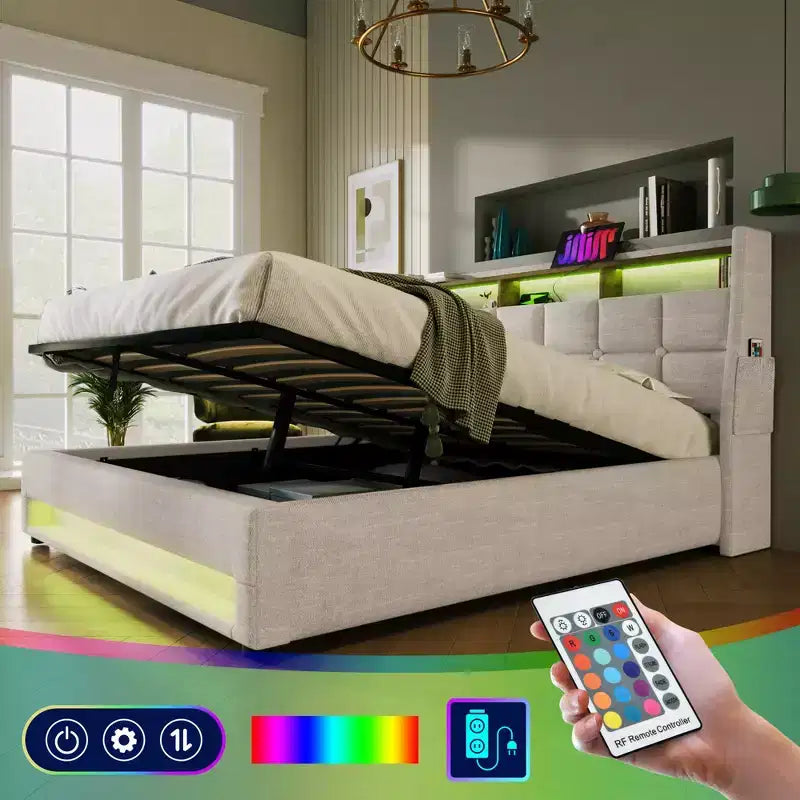 Queen Bed with Hydraulic Storage, LED, USB, Upholstered Headboard, No Box Spring, Easy Assembly