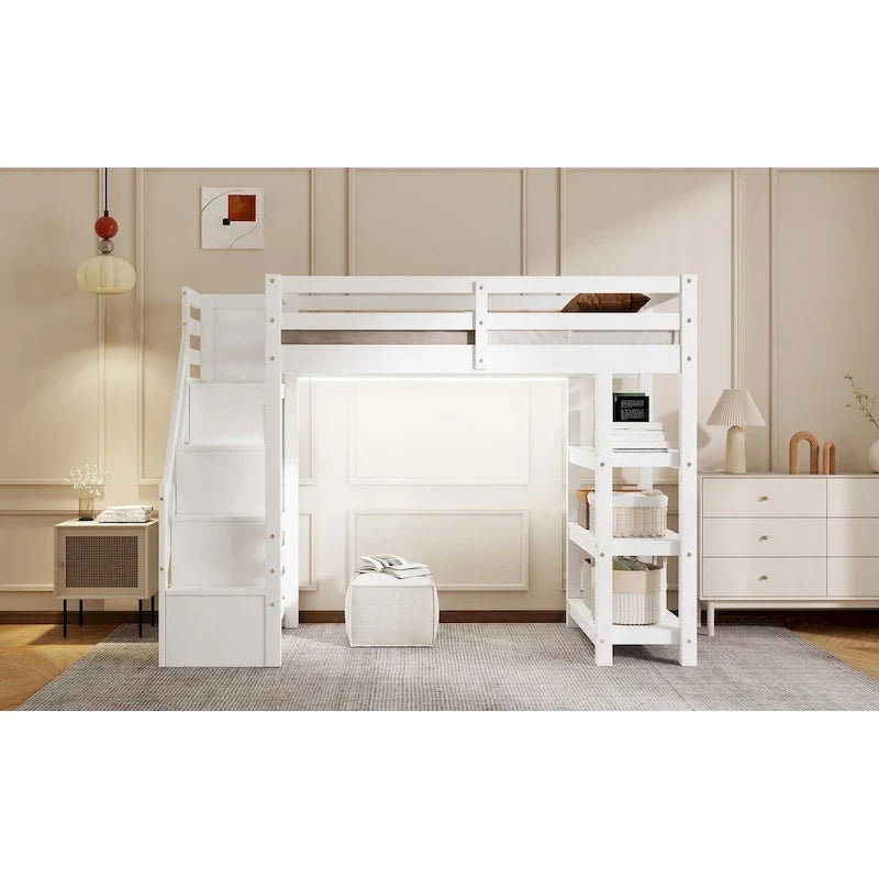 Full/Twin Loft Bed with Storage Stairs - Shelves, Wardrobe & LED Light, Space-Saving Design