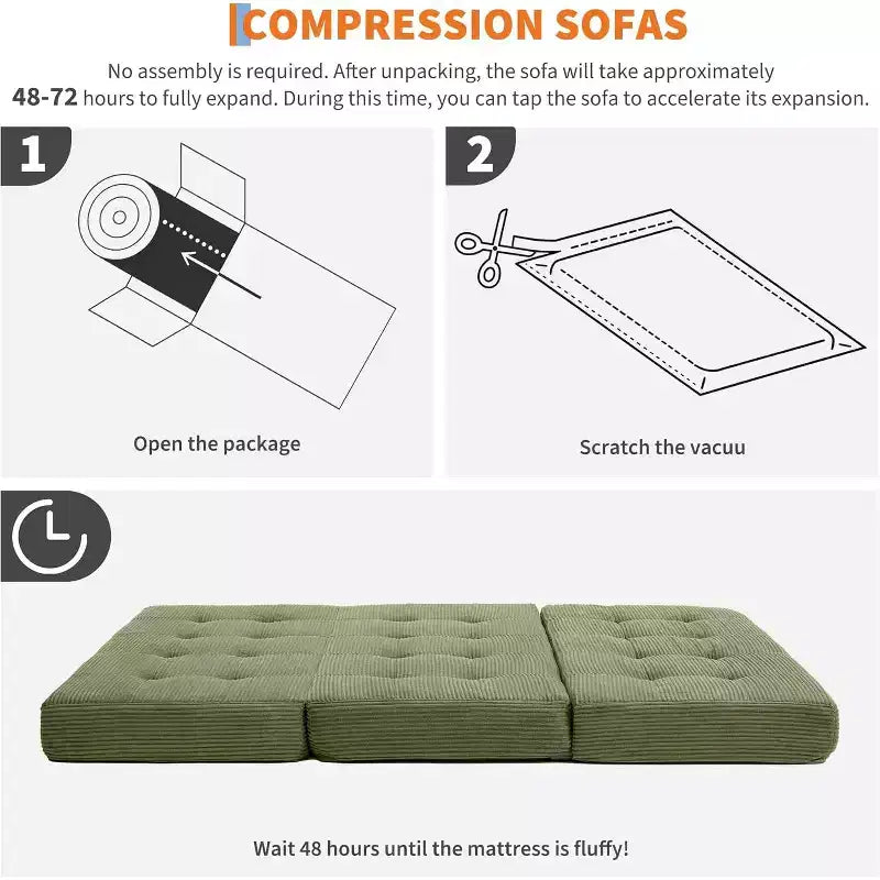 SunnyFurn 6 Inch Tri-Fold Mattress Sofa Bed, 75X54.3 Foam Folding Guest Bed with Tufted Corduroy, Portable for Camping, Living Room, Bedroom