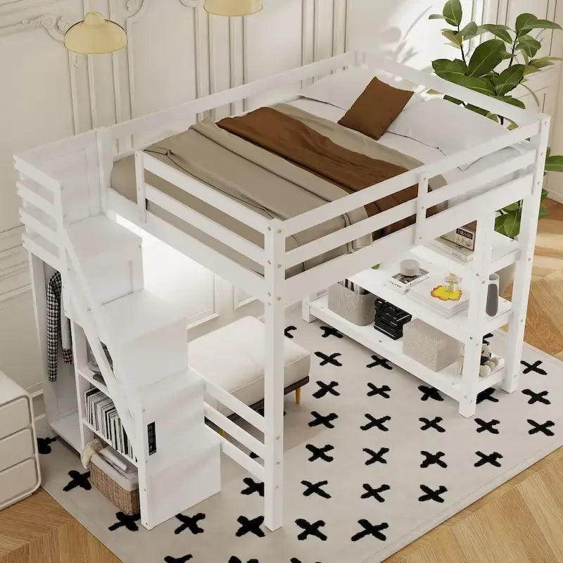 Full/Twin Loft Bed with Storage Stairs - Shelves, Wardrobe & LED Light, Space-Saving Design