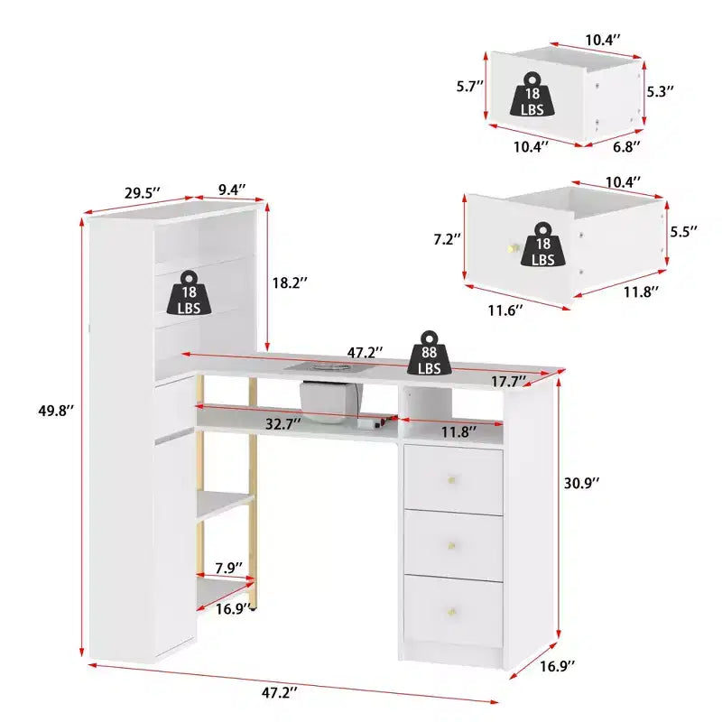 White Nail Table with Built-in Dust Extractor, Tempered Glass Display, Gold Handles Nail Salon Station Makeup Vanity Makeup Table