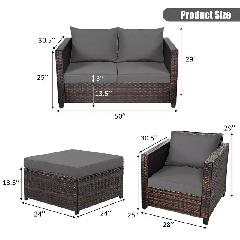 Costway 5PCS Patio Rattan Furniture Set Loveseat Sofa Ottoman Cushioned Red\White