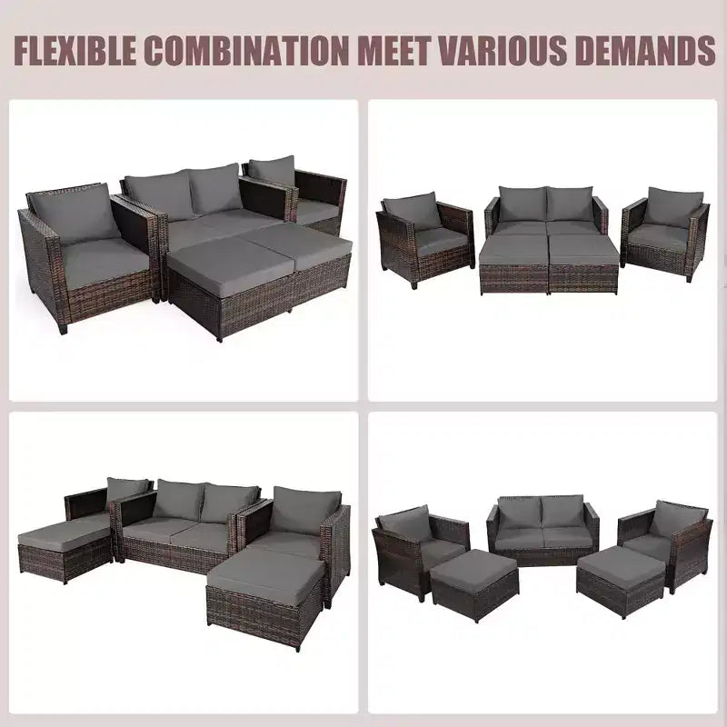 Costway 5PCS Patio Rattan Furniture Set Loveseat Sofa Ottoman Cushioned Red\White