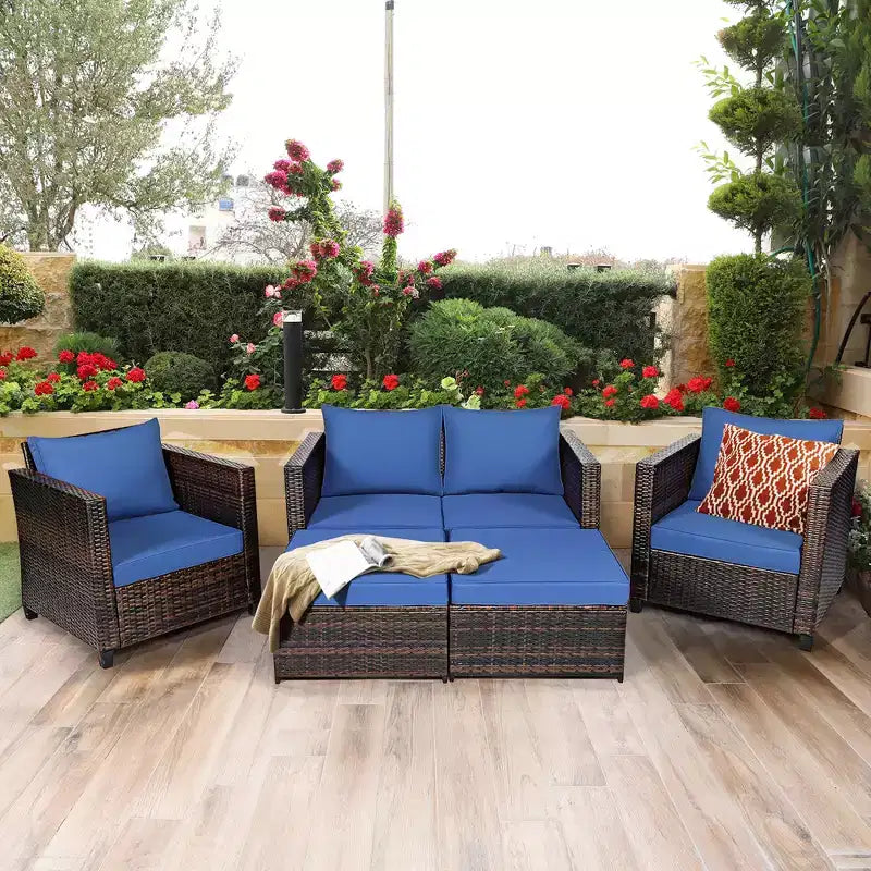 Costway 5PCS Patio Rattan Furniture Set Loveseat Sofa Ottoman Cushioned Red\White