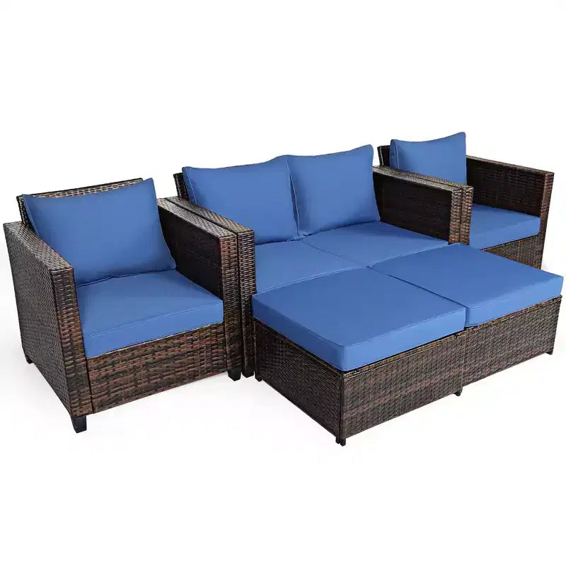 Costway 5PCS Patio Rattan Furniture Set Loveseat Sofa Ottoman Cushioned Red\White