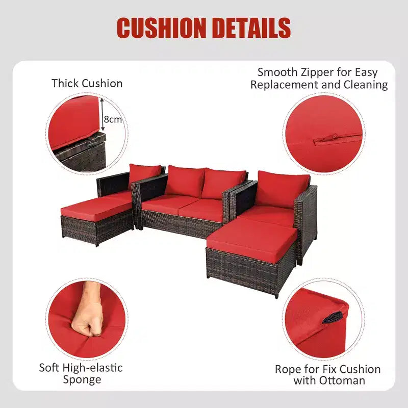 Costway 5PCS Patio Rattan Furniture Set Loveseat Sofa Ottoman Cushioned Red\White