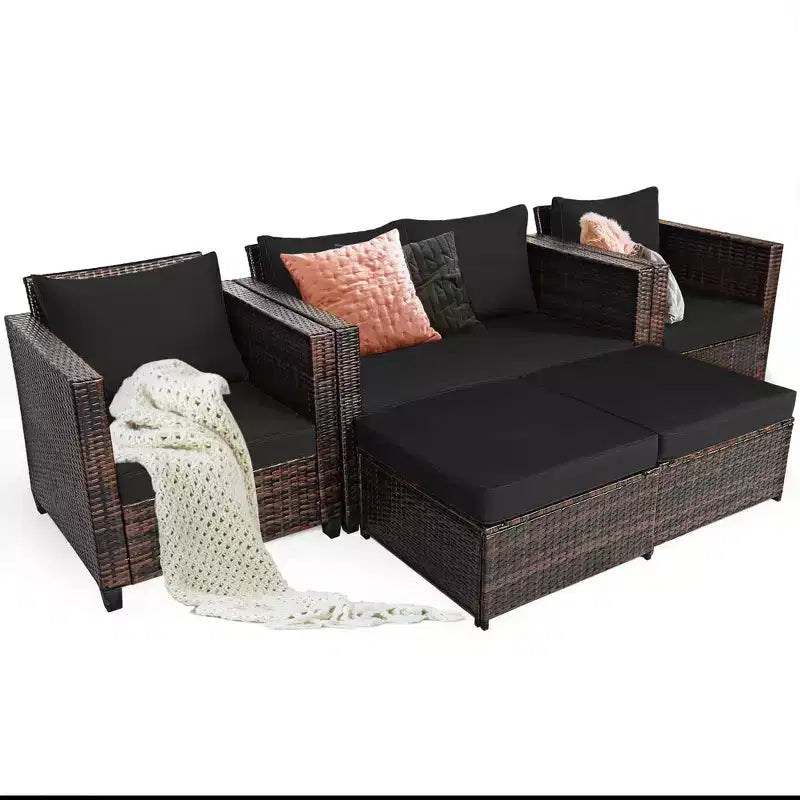 Costway 5PCS Patio Rattan Furniture Set Loveseat Sofa Ottoman Cushioned Red\White