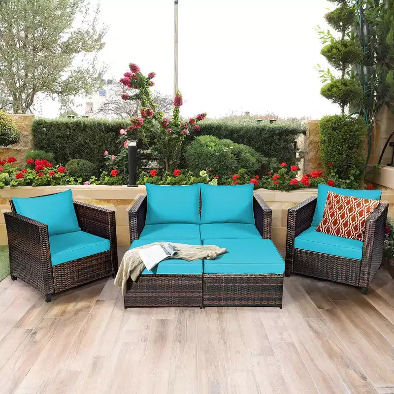 Costway 5PCS Patio Rattan Furniture Set Loveseat Sofa Ottoman Cushioned Red\White
